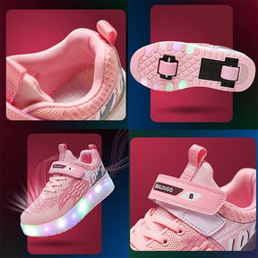 Kids Roller Shoes LED Light Rechargeable with Double Wheel-Pink