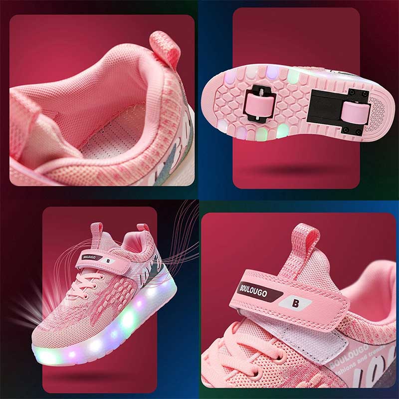 Kids Roller Shoes LED Light Rechargeable with Double Wheel-Pink