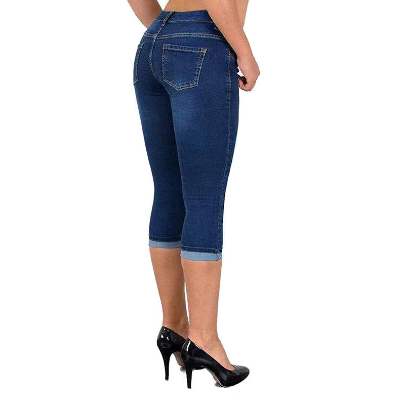 Womens Denim Capri Pants Skinny Slim Fit Casual Jeans-Navy Blue