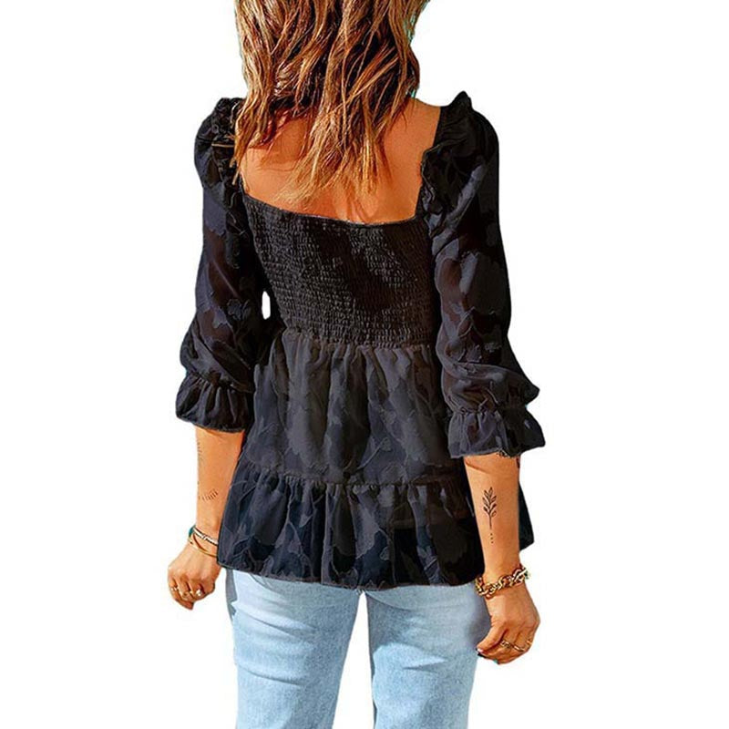 Womens Floral Textured Square Neck Ruffle 3/4 Sleeve Peplum Top Blouse-Black