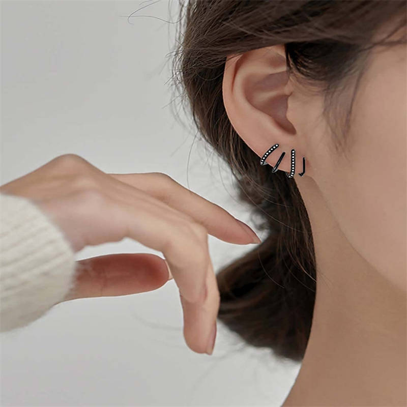 Minimalist Cuff Huggie Stud Earrings for Women Teen Girls-Black