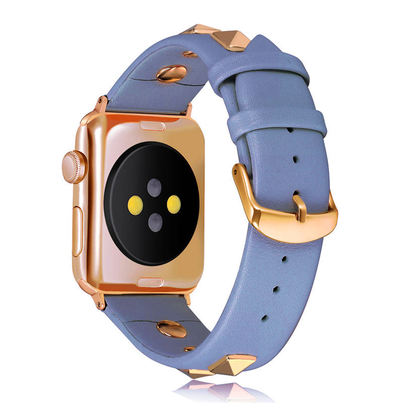 Stylish RoseGold Rivets Leather Replacement Band for iWatch Series 6/5/4/3/2/1/SE-DarkBlue