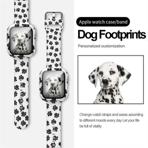 Silicone Printed Watch Band with Screen Protector Case for iWatch Series SE/6/5/4/3/2/1-DogFootprints
