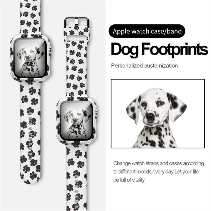 Silicone Printed Watch Band with Screen Protector Case for iWatch Series SE/6/5/4/3/2/1-DogFootprints