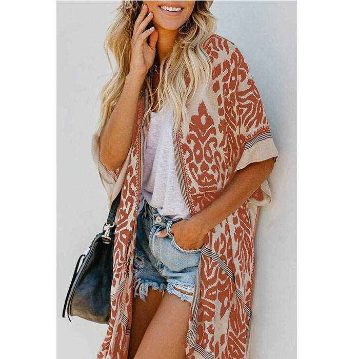 Women Print Kimono Tassel Casual Cardigan V Neck Loose Swimsuit Cover Up Beachwear-Pink