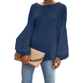 Womens Off Shoulder Tops Waffle Knit Lantern Long Sleeve Pullover-Blue