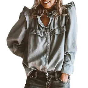 Doll Collar Denim Shirt for Women Long Sleeve Casual Ruffle Blouse