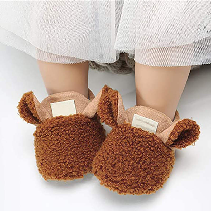 Infant Baby Boys Girls Slipper Stay On Non Slip Soft Sole 0-18 Months Cotton Plush Shoes-Brown