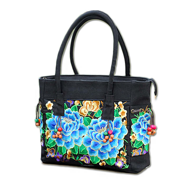 Embroidered Canvas Top Handle Handbag Ladies Casual Vintage Shoulder Bag-BluePeony