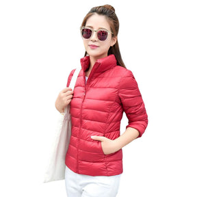 Lookbook Womens Lightweight Puffer Jacket Winter Stand Collar Short Coat-Red