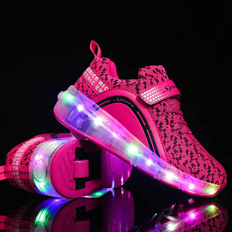 Kids LED Roller Skate Shoes with Single Wheel Sport Sneaker-Pink