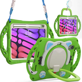 CatB Silicone Case For iPad Mini 6 Shockproof Shoulder Strap Handle Stand-Green
