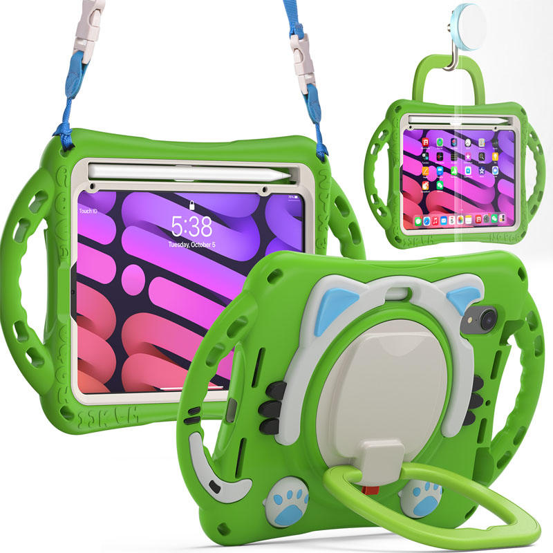 CatB Silicone Case For iPad Mini 6 Shockproof Shoulder Strap Handle Stand-Green