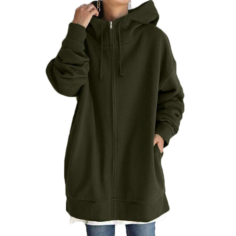 Womens Long Fleece Sweatshirt Simple Full Zip Hoodies-ArmyGreen