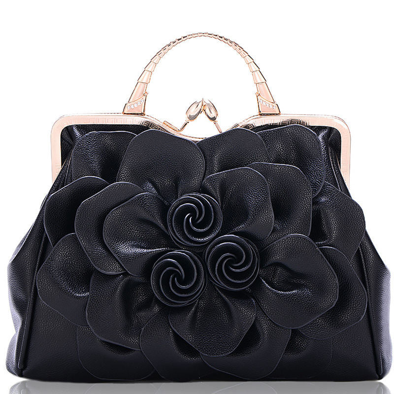 Womens Rose Flower Evening Clutches Formal Party Totes Shoulder Bag-Black