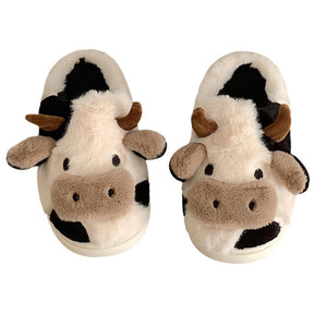 Cute Plush Cow Slippers for Women Anti-Slip Winter House Shoes