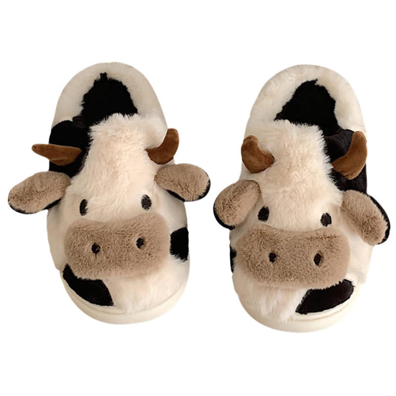 Cute Plush Cow Slippers for Women Anti-Slip Winter House Shoes