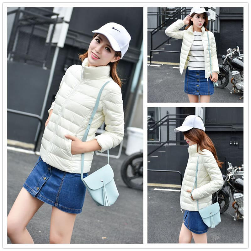 Lookbook Womens Lightweight Puffer Jacket Winter Stand Collar Short Coat-White