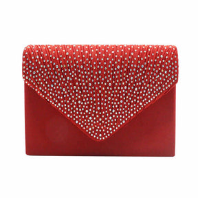 Ladies Frosted Satin Evening Clutch Rhinestones Crossbody Bag-Red