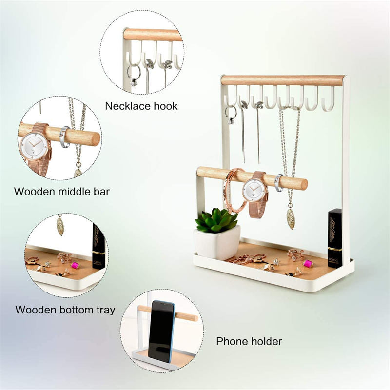 Jewelry Stand Holder 4-Tier Necklace Hanging Wooden Ring Organizer Earring Tray White