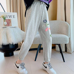 Girls Joggers Long Pants Pockets Outdoor Casual Trousers with Drawstring Icon-Gray