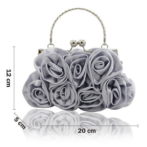 Roses Clutch Purse Satin Money Clip Evening Handbag-Silver