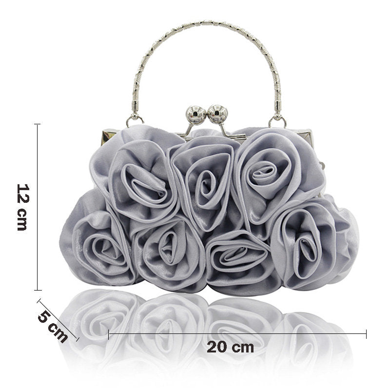 Roses Clutch Purse Satin Money Clip Evening Handbag-Silver