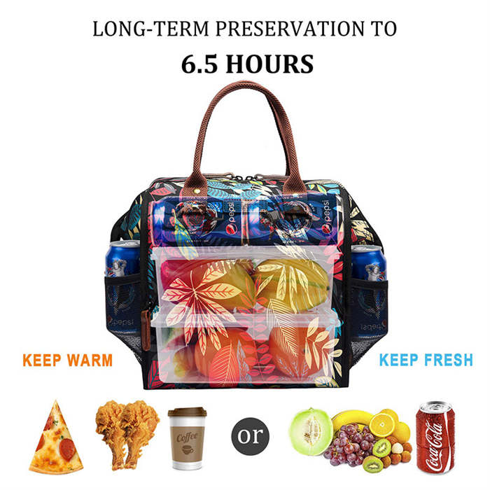 Lunch Bag Durable Nylon Thermal Snacks Organizer for College Work Picnic Hiking Beach Fishing -Flower