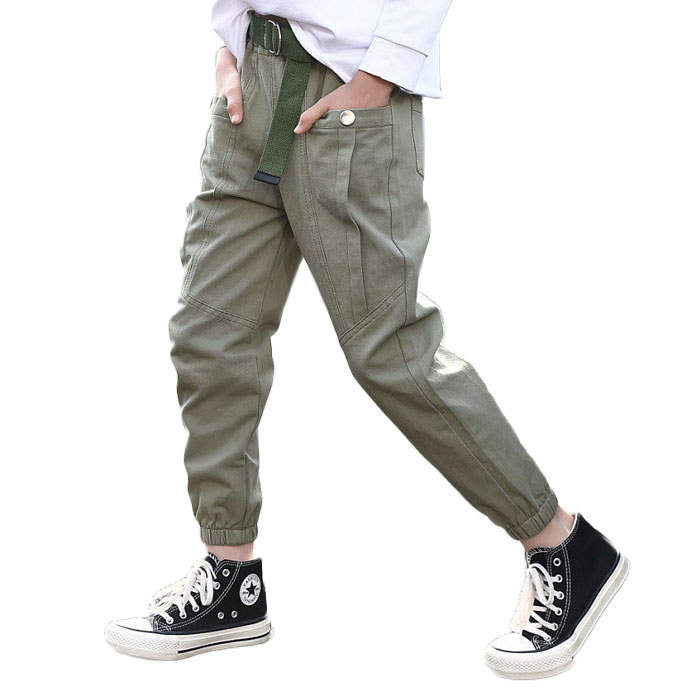 Girls Joggers Long Pants Pockets Outdoor Casual Trousers Buttons-ArmyGreen