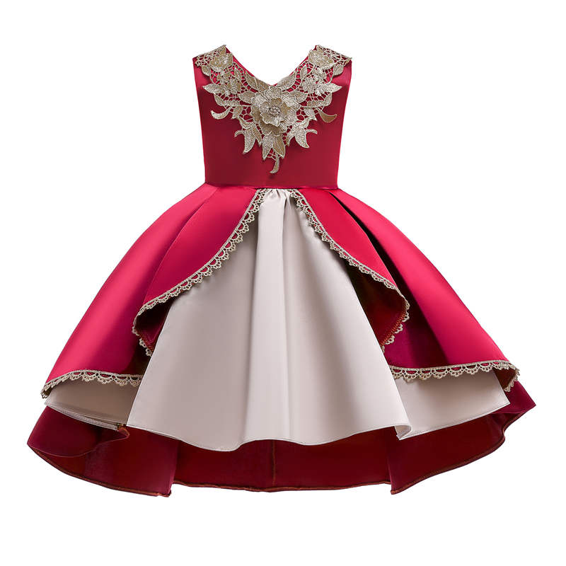 2-9 Years Flower Girls Dress Wedding Party Embroidered Dress-RedGold