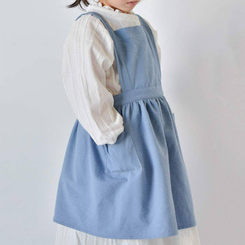 Girls Linen Cotton Apron Adjustable Bib for Cooking Painting-Blue