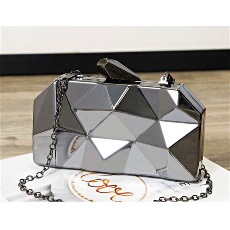 Women Lattice Pattern Metal Handbag Chain Geometric Evening Clutch Purse-Black