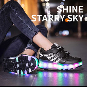 Kids Fashion Roller Shoes with Double Wheel USB Charging-Black