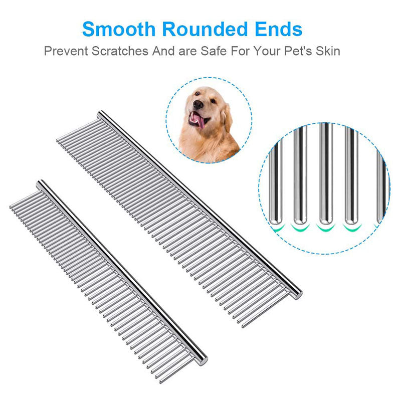 2 Packs Dog Combs with Rounded Ends Stainless Steel Teeth for Removing Tangles and Knots