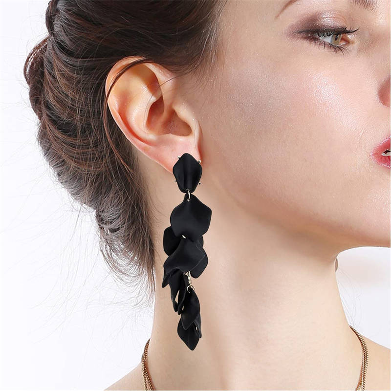 Long Drop Rose Petal Earrings for Women and Girls-Black