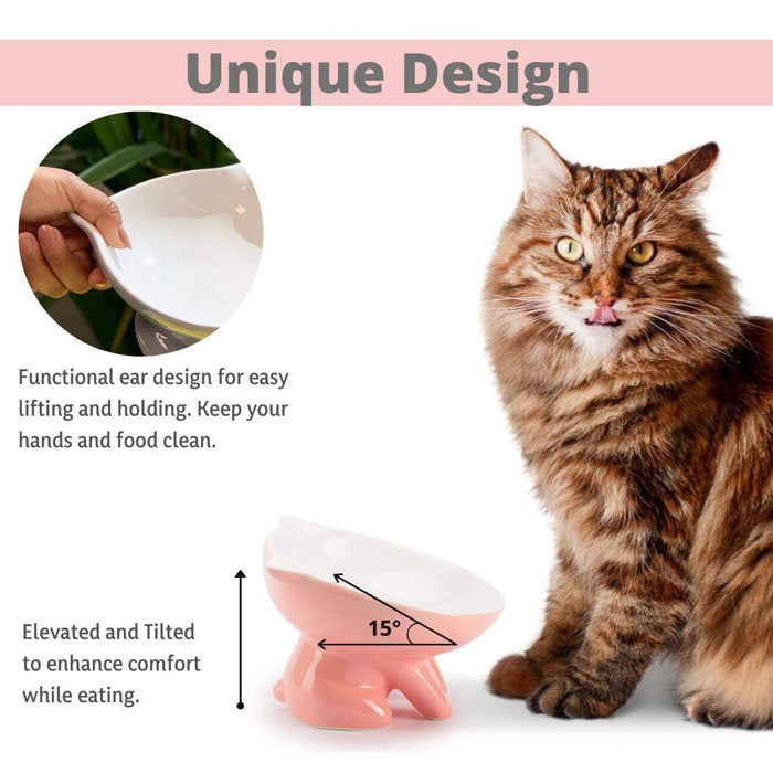 Raised Ceramic Cat Food Q Bowl Dish Tilt Angle Protect Cats Spine-Pink