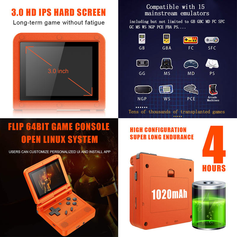 64Bit 3.0 in IPS Retro Flip Handheld Game Console Built in 1000+ Games-Yellow