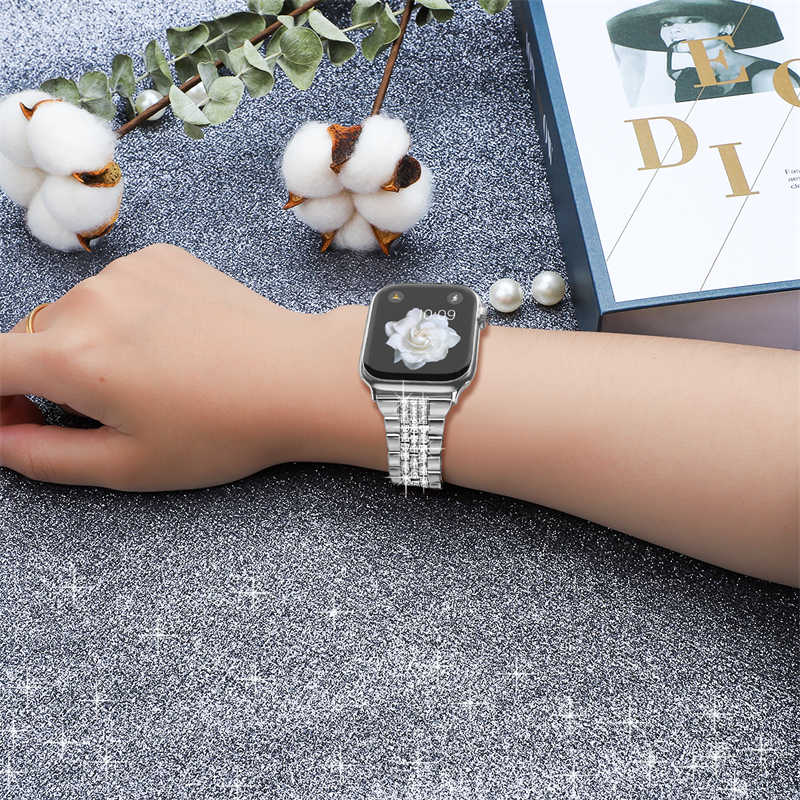 Metal Watchband with Rhinestone Adjustable for iWatch Series SE 7 6 5 4 3 2 1-Silver