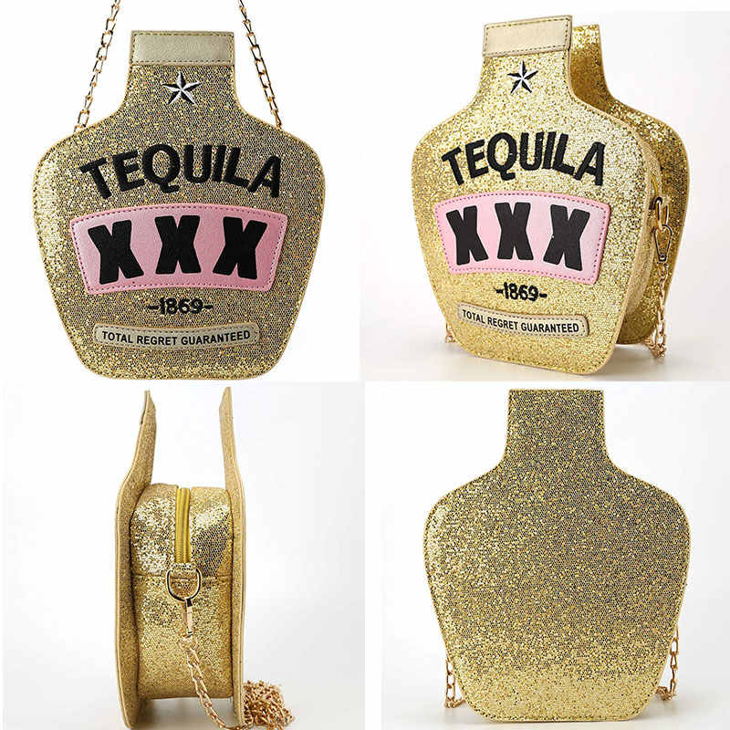 Tequila Bottle Shaped Laser Shoulder Handbags PU Crossbody Purse for Women-SequinGold