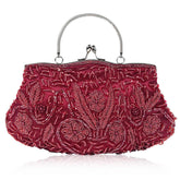 Beaded Sequin Design Flower Evening Purse Large Clutch Bag-WineRed