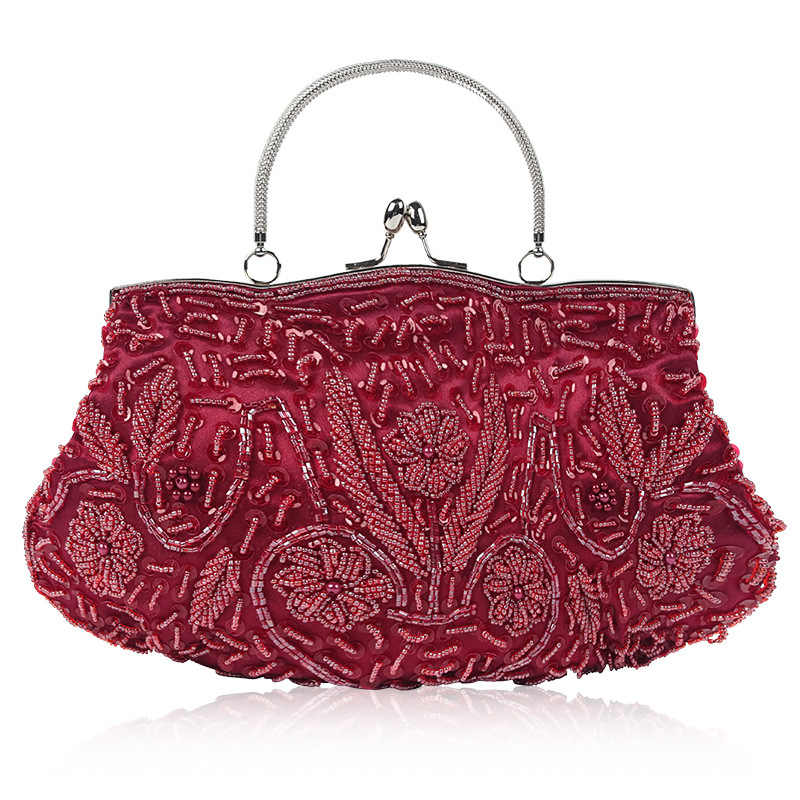 Beaded Sequin Design Flower Evening Purse Large Clutch Bag-WineRed