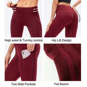 Womens Fleece Leggings with Pockets Tummy Control Thermal Yoga Pants-Red