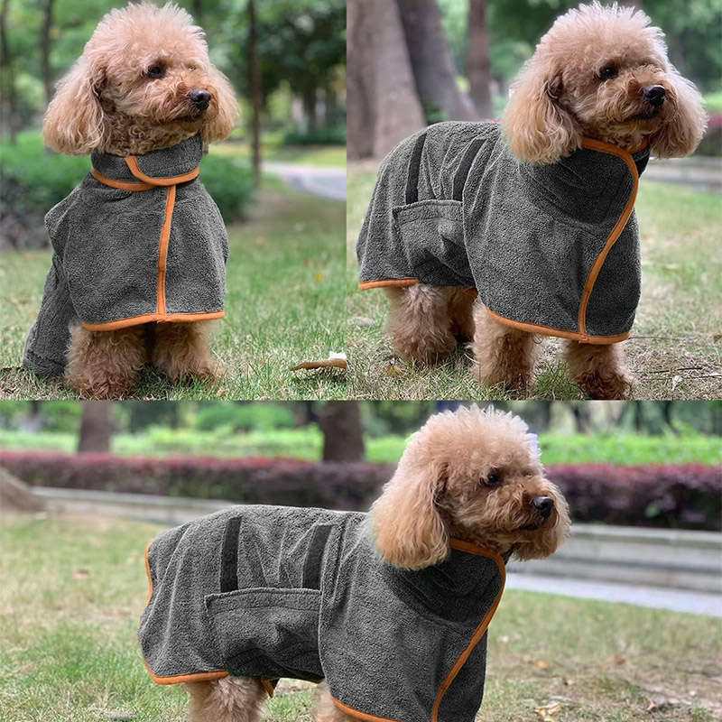 Dog Bathrobe Microfibre Fast Drying Towel Adjustable Collar Waist-Grey