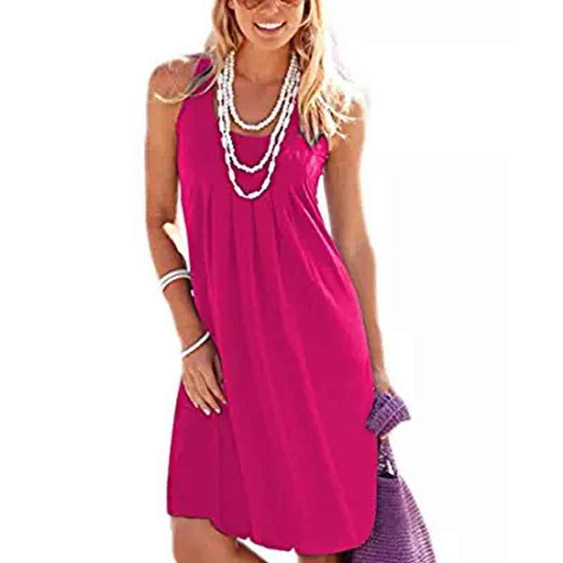 Summer Beach Tank Dresses Sleeveless Tunic Long Dress-RoseRed