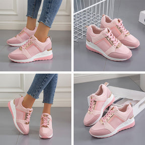 Womens Wedge Sneaker Hidden Lace-up Breathable Casual Shoes-Pink