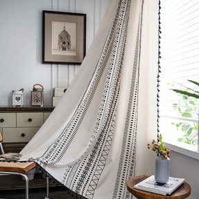 2 Panels Cotton Linen Semi Blackout Grommet Curtains with Tassels-3Black