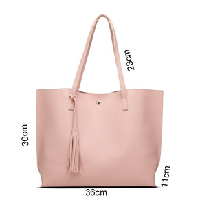 Womens Soft Leather Tote Shoulder Bag Big Capacity Tassel Handbag-Pink