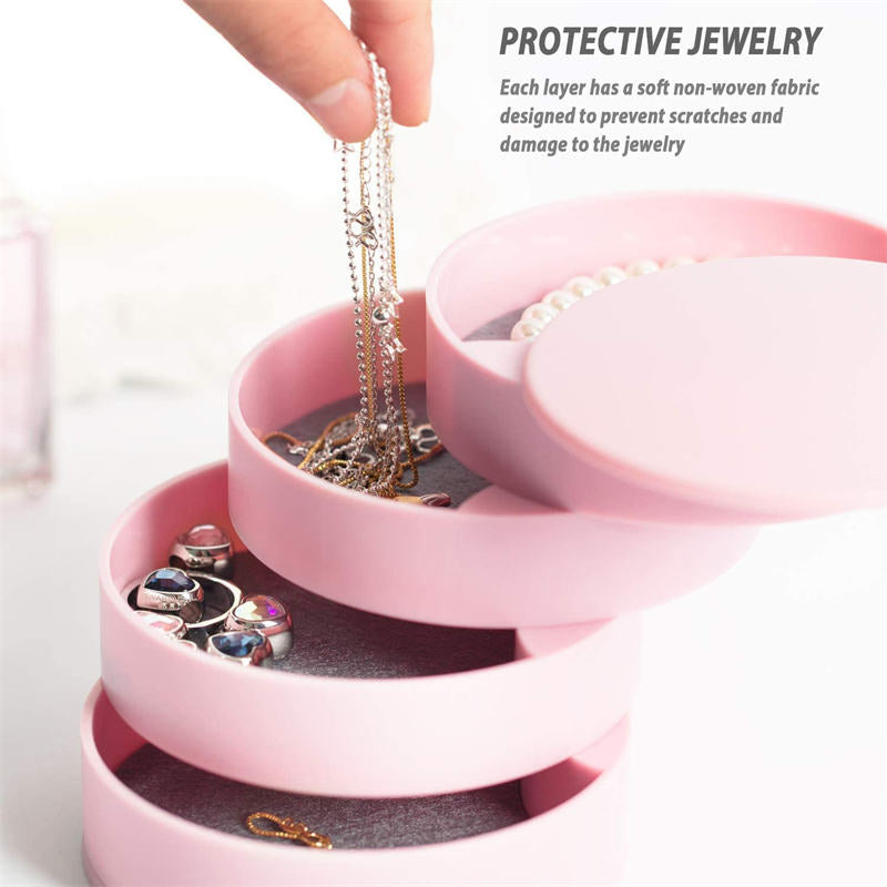 Jewelry Storage Box 4-Layer Rotatable Jewelry Accessory Organizer Tray with Lid for Rings Bracelets -Pink