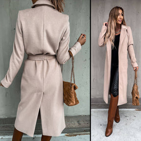 Womens Trench Coats Lapel with Tie Belt Fashion Winter Long Outwear-Apricot