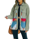 Aztec Denim Jacket for Women Distressed Lapel Long Sleeve Coat-VintageGreen